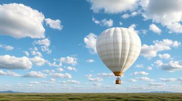 A hot air balloon flying over a field photo
