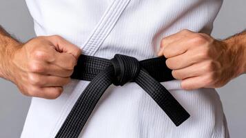 A man in a white kimono is holding a black belt photo