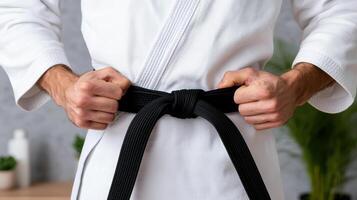 A man in a white robe is holding a black belt photo