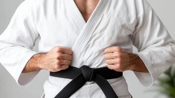A man in karate gear is holding a black belt photo