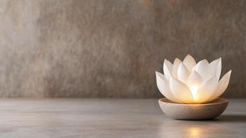 A white lotus flower candle is lit up on a table photo