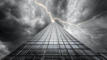 A tall building with lightning coming from it photo