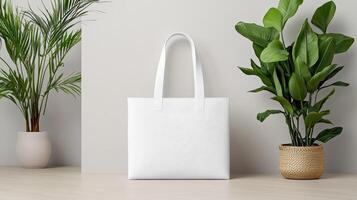 White tote bag mockup on a wooden table photo
