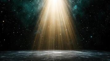 A bright light shining from the sky over a dark space photo