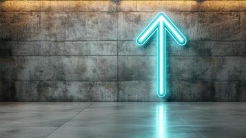 A neon arrow pointing up in a room photo