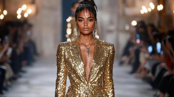 A model walks the runway in a gold sequinned suit photo