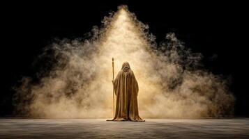 A man in a robe standing in front of a light photo