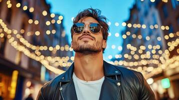 A man in sunglasses and a leather jacket standing in front of lights photo