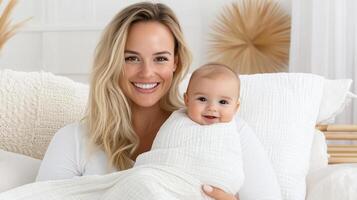 A woman holding a baby in a white blanket photo