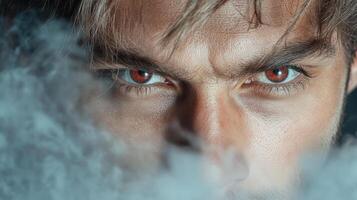 A man with red eyes and a beard is looking into the smoke photo