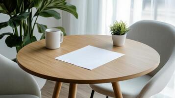 A white table with a white chair and a white cup photo