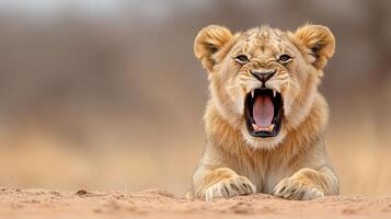 A lion is yawning and showing its teeth photo