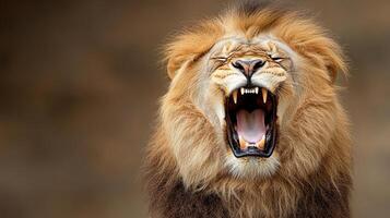 A lion roaring with its mouth open photo