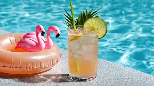 A drink with a flamingo and a lime float next to a pool photo
