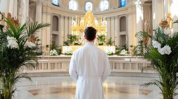 A man in a white robe standing in front of a church photo