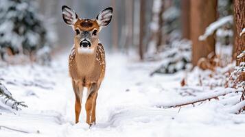 A deer is walking through the snow in the woods photo