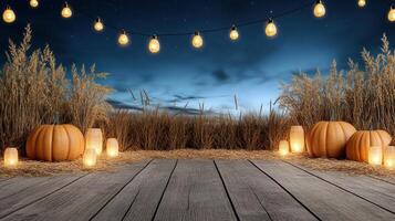 Pumpkins and candles on a wooden deck at night photo