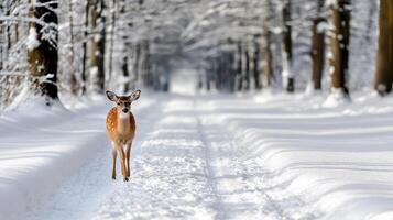 A deer is standing in the middle of a snowy road photo