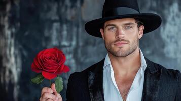 A man in a black suit and hat holding a red rose photo