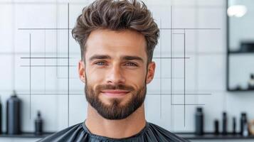 A man with a beard and a haircut in a barber shop photo