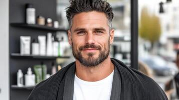 A man with a beard and a white shirt is standing in front of a mirror photo