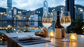 Two glasses of champagne on a table with a view of the city photo