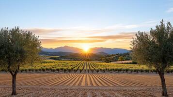 A vineyard field with trees and a sunset photo