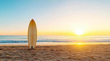 A surfboard is sitting on the beach at sunset photo