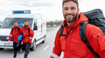 A man in red jacket and backpack is walking with an ambulance photo