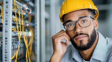 A man in a hard hat and glasses looking at a computer photo