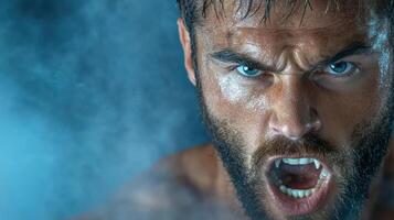 A man with a beard and blue eyes is making a face photo