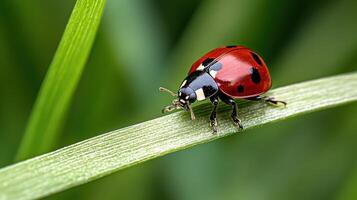 A ladybug is sitting on a green blade of grass photo