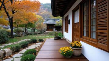A wooden porch with a flower pot photo