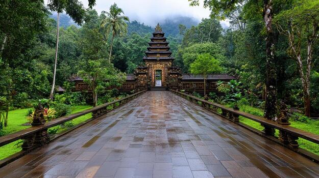 un puente Guías a un templo en el selva foto