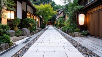 A narrow stone walkway leads to a japanese style house photo