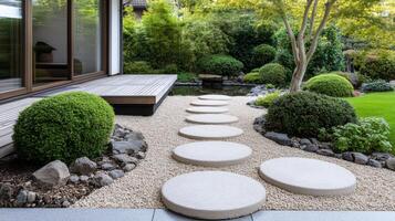 A garden with stepping stones and gravel photo