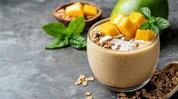 Mango smoothie with granola and mint leaves photo