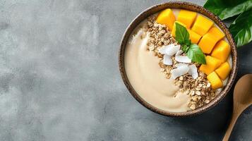 Mango smoothie bowl with coconut and mango photo
