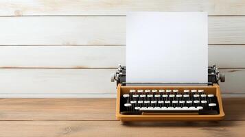 An old typewriter with a blank sheet of paper on a wooden table photo