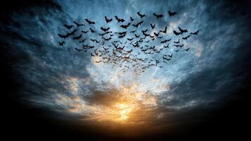 A group of bats flying in the sky at sunset photo