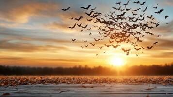 Bat flying over a field at sunset photo