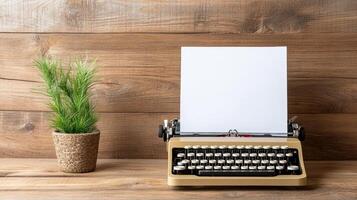 A vintage typewriter and a potted plant on a wooden table photo