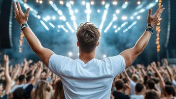 A man with his arms up in front of a crowd at a concert photo