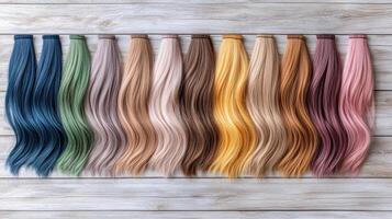 A row of different colored wigs on a wooden background photo