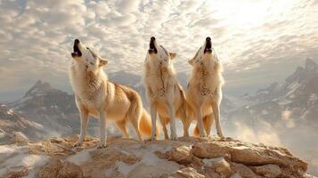 Three wolf howling on a mountain top photo
