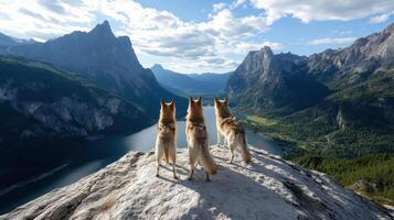 Three dogs standing on top of a mountain overlooking a lake photo