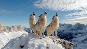Three wolfs standing on top of a mountain photo