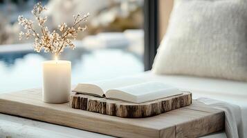 A book, candle and flowers sit on a wooden tray photo