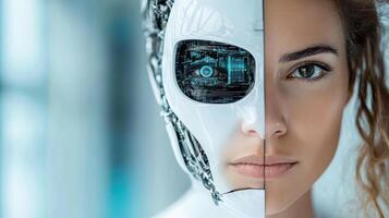 A woman with a robot head and a woman's face photo