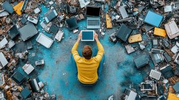 A man sitting on a pile of old laptops and tablets photo